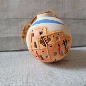 Handcrafted New Mexico Pueblo-Themed Ceramic Ornament With Leather Loop